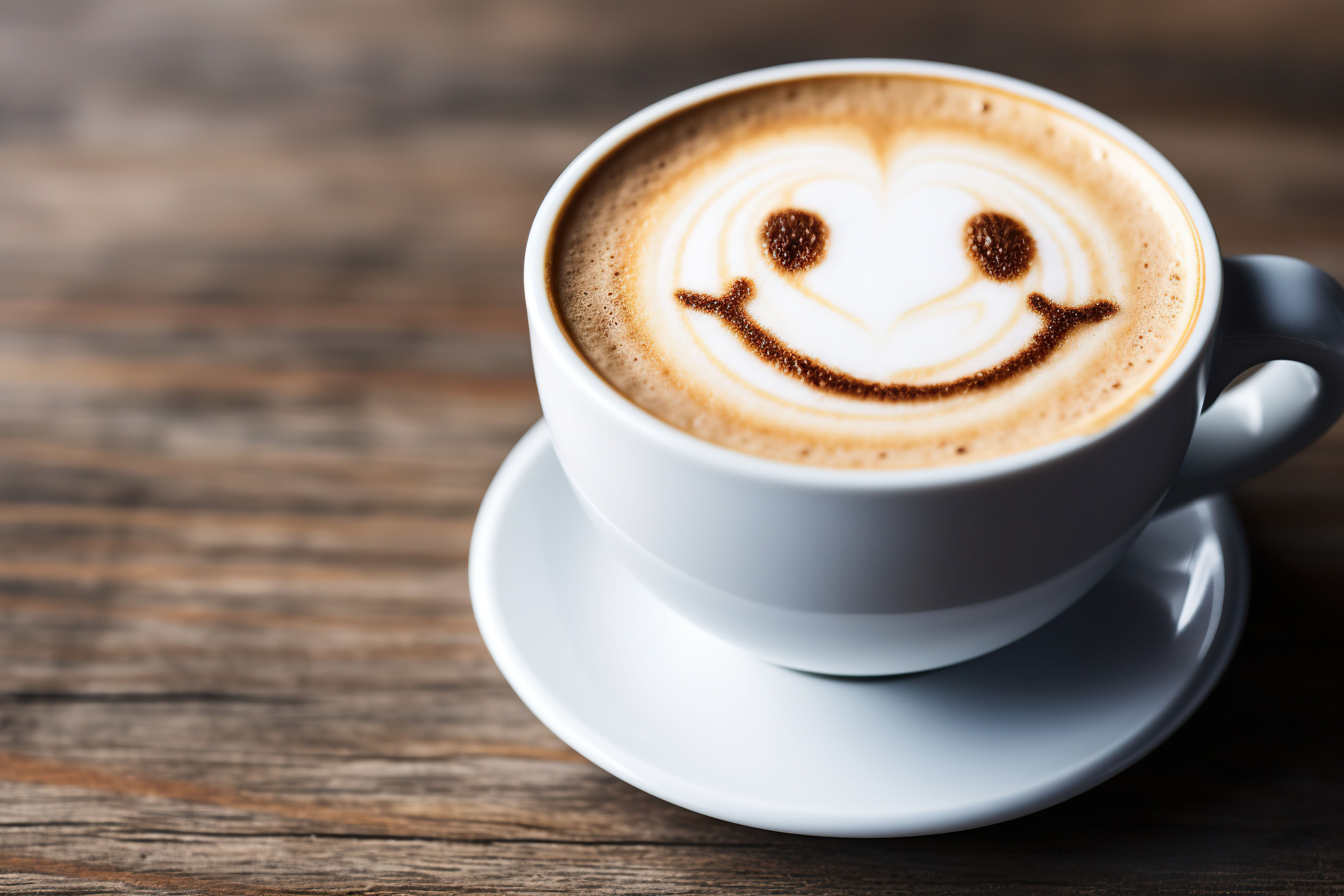Coffee cup with a smile on a wooden background.